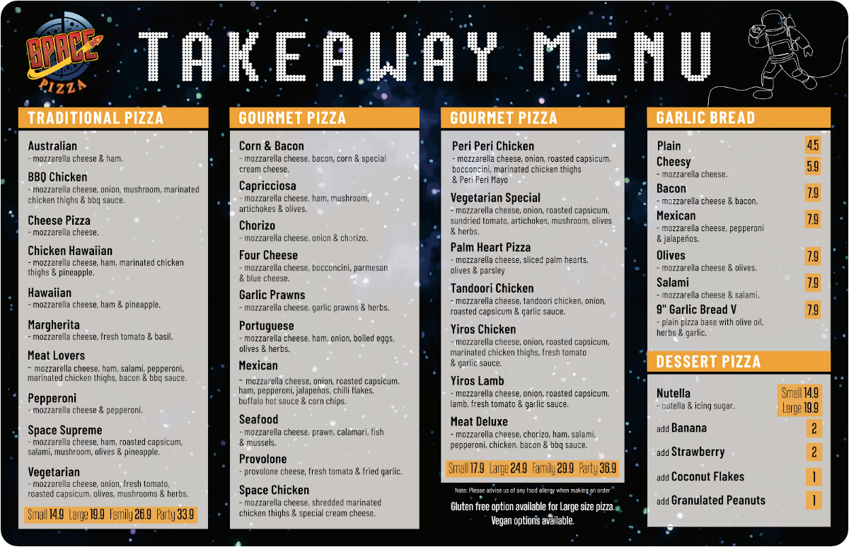 Menu, Space Pizza