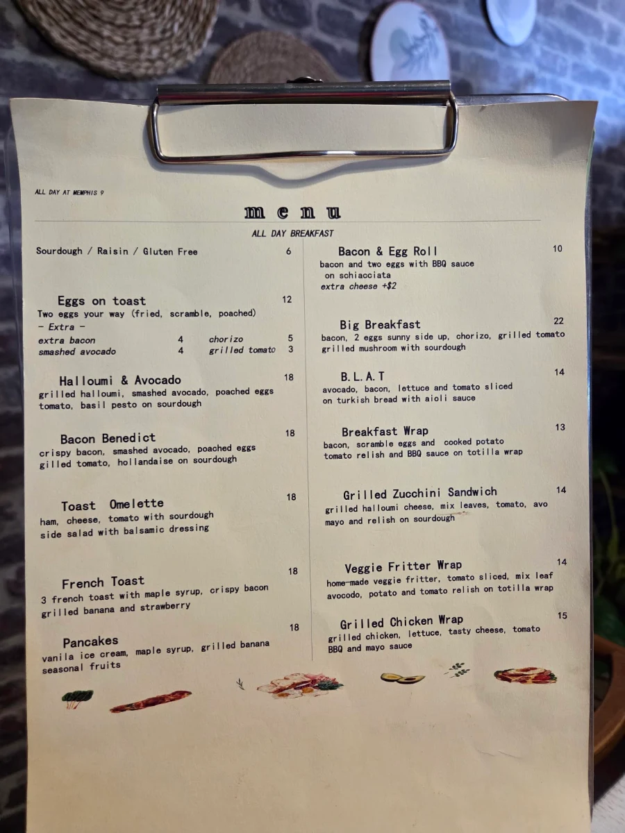 Menu, Memphis9 Cafe