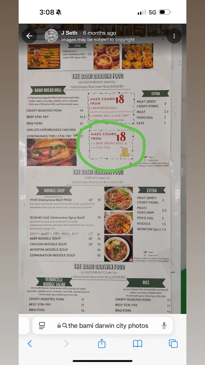 Menu, The BAMI Darwin City