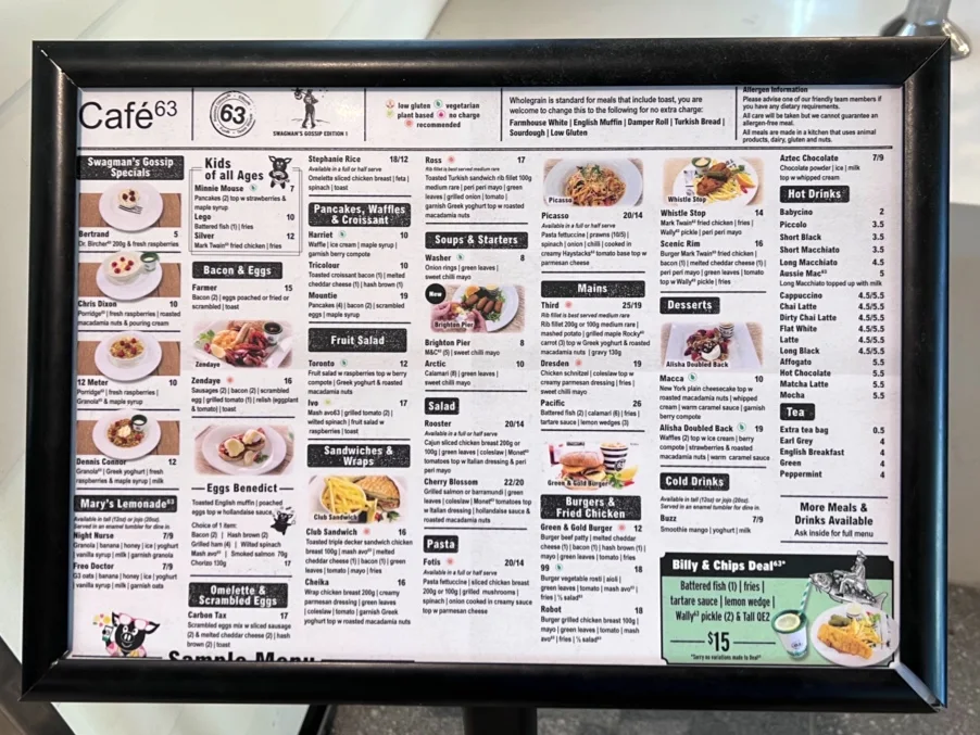 Menu, Cafe 63
