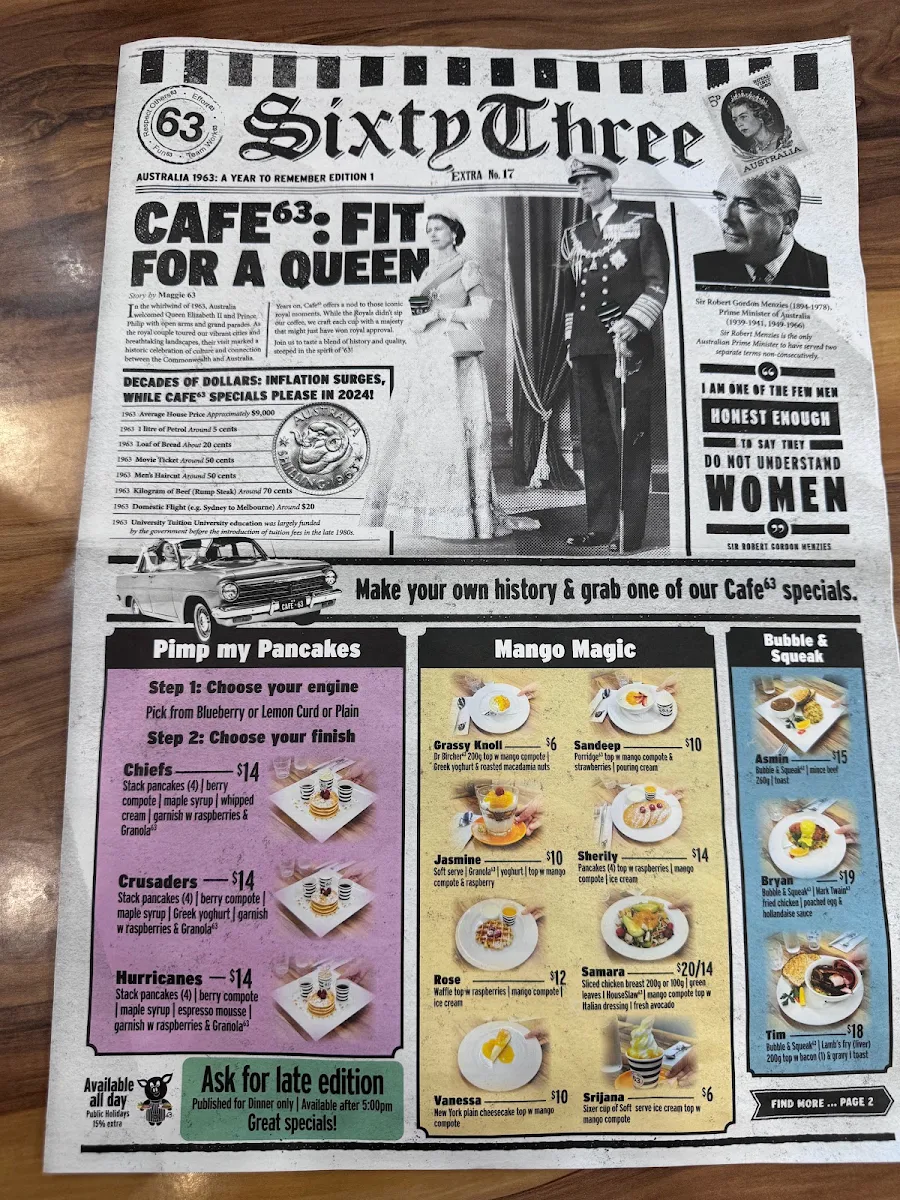 Menu, Cafe 63