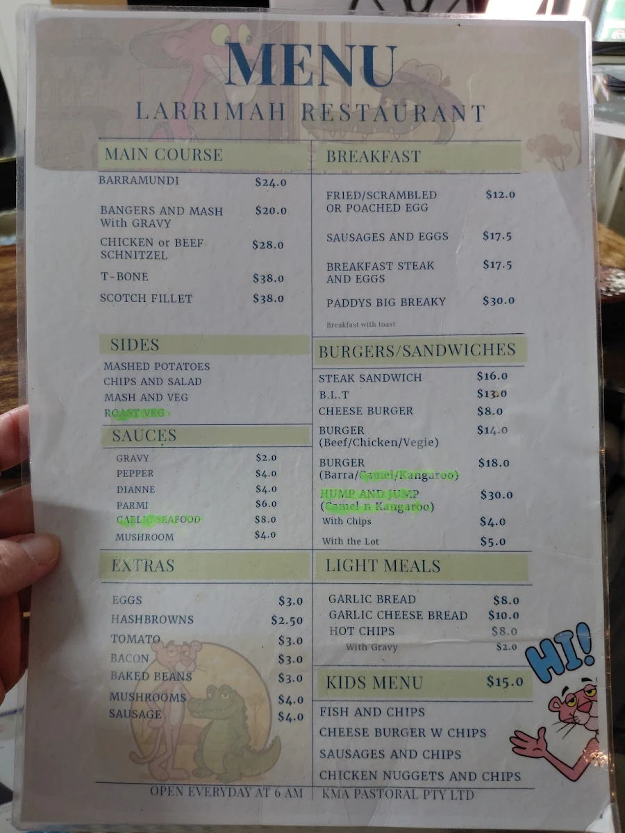 Menu, Pink Panther Roadhouse