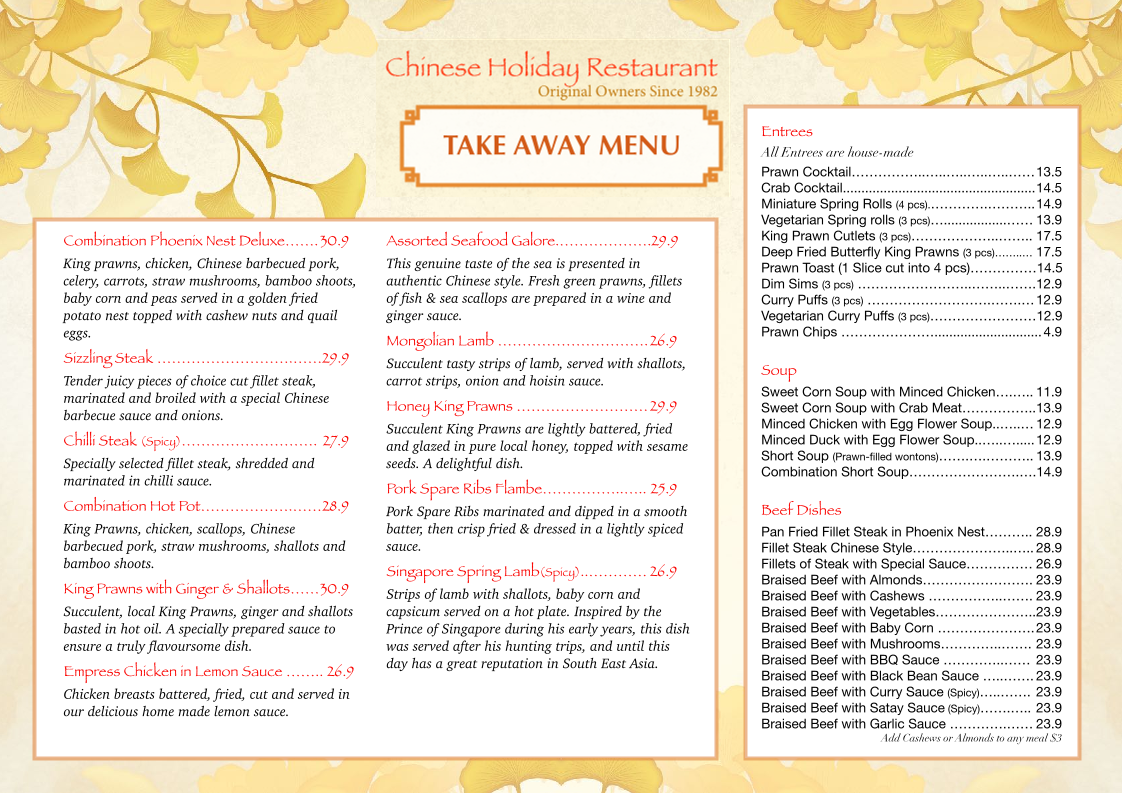 Menu, Chinese Holiday Restaurant