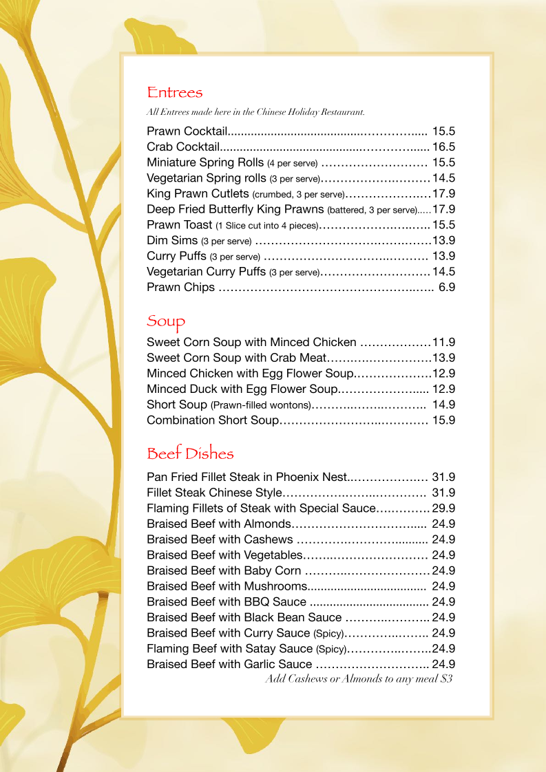 Menu, Chinese Holiday Restaurant
