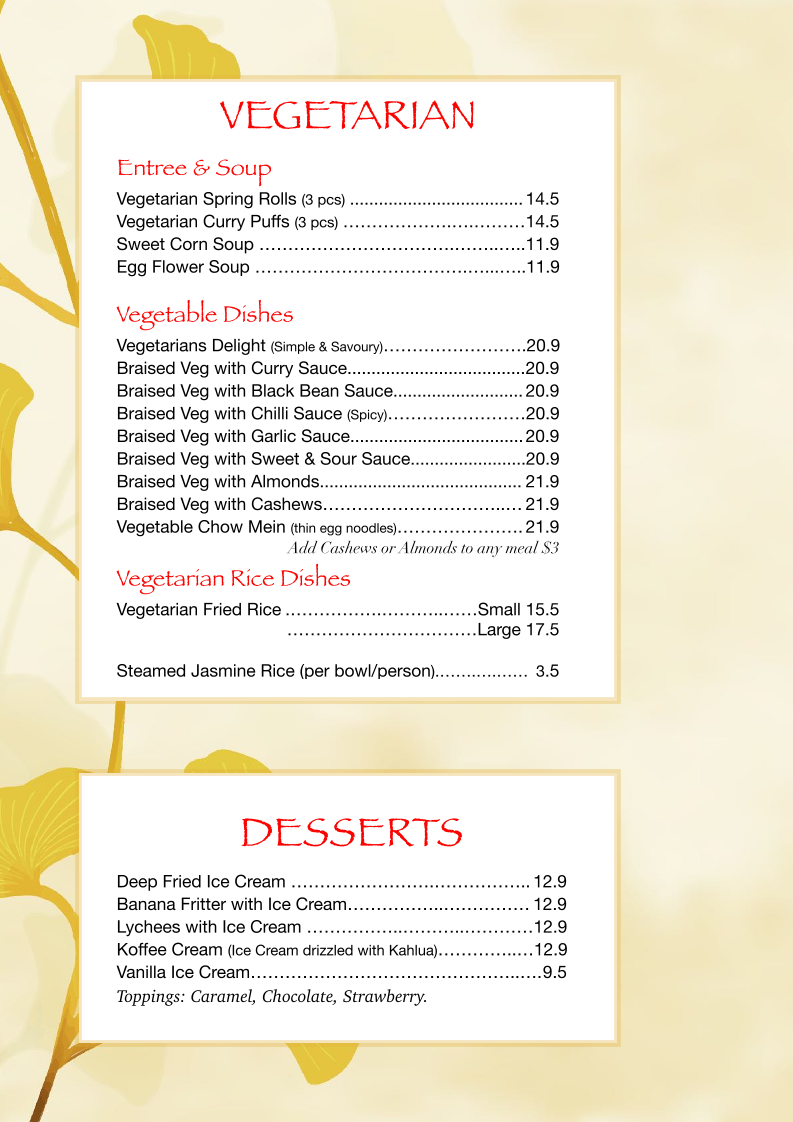 Menu, Chinese Holiday Restaurant