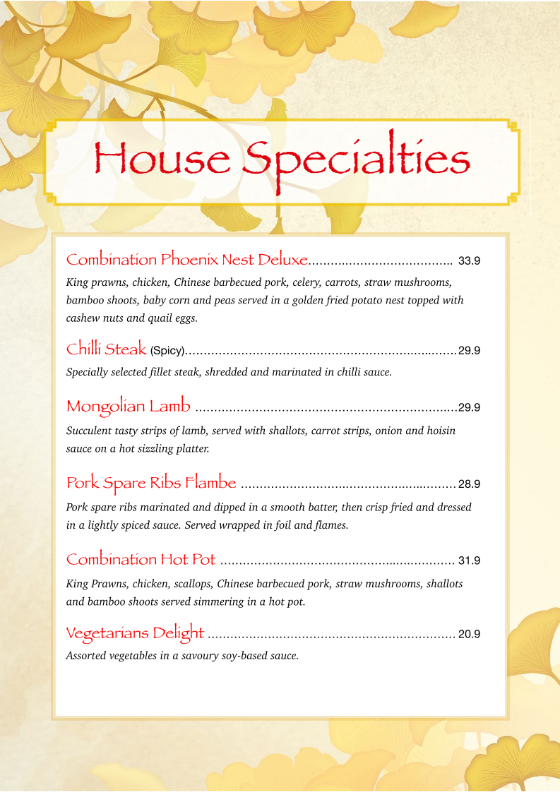 Menu, Chinese Holiday Restaurant