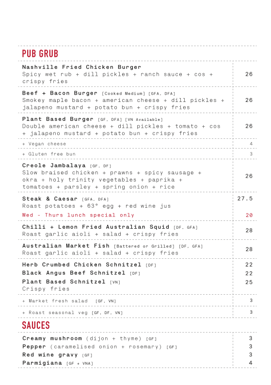Menu, Gilbert Street Hotel