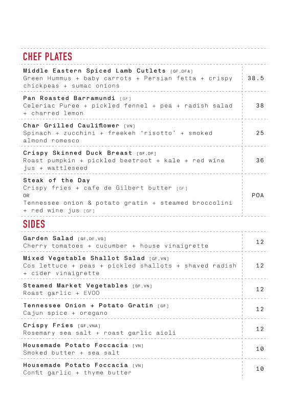 Menu, Gilbert Street Hotel