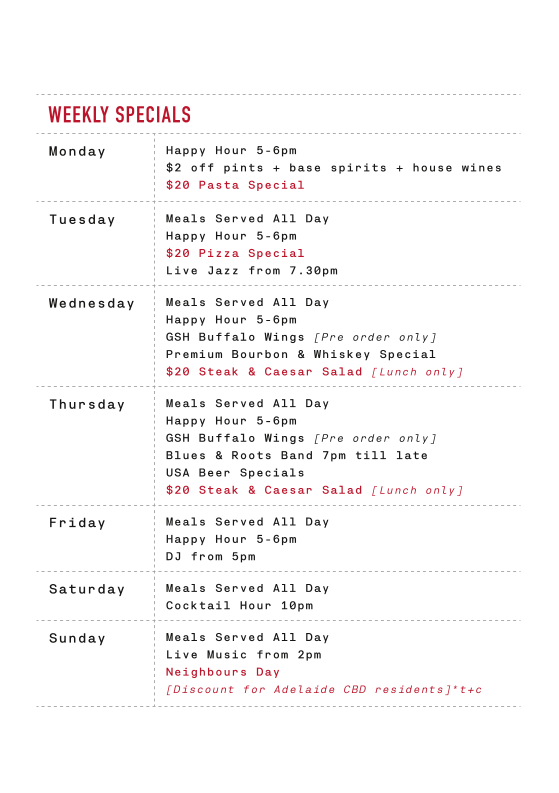 Menu, Gilbert Street Hotel