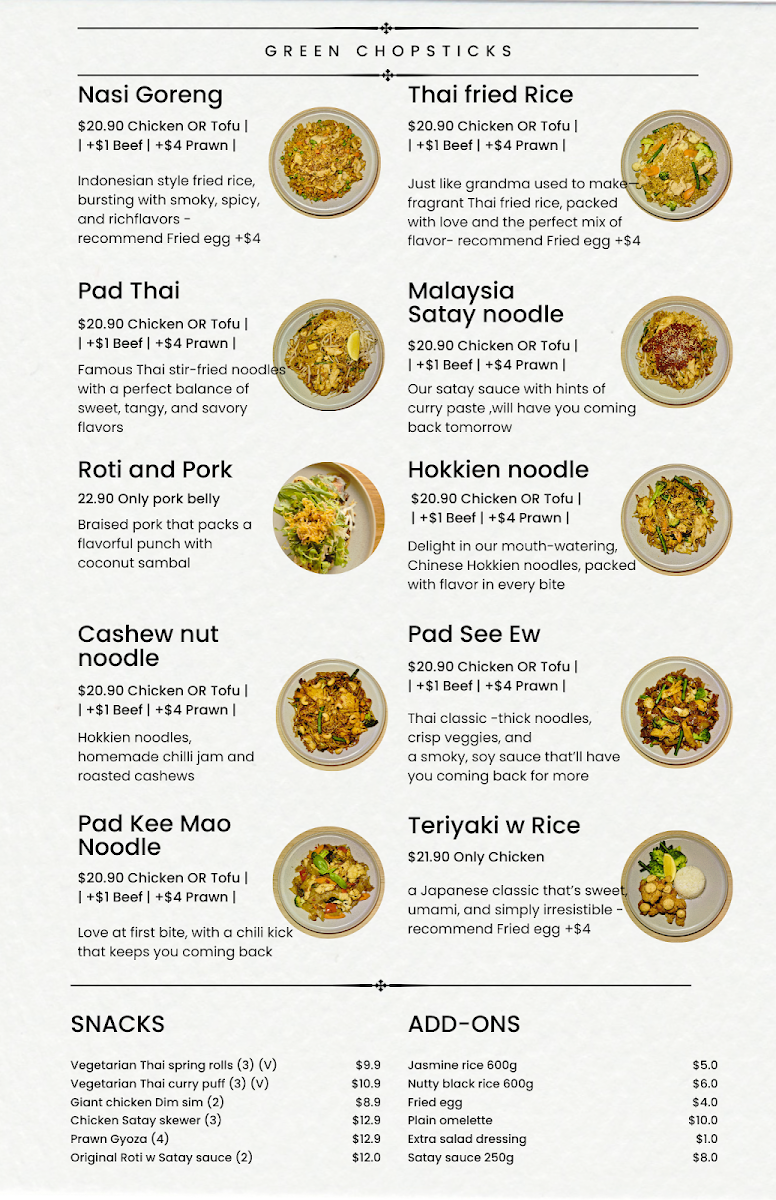 Menu, Green Chopsticks
