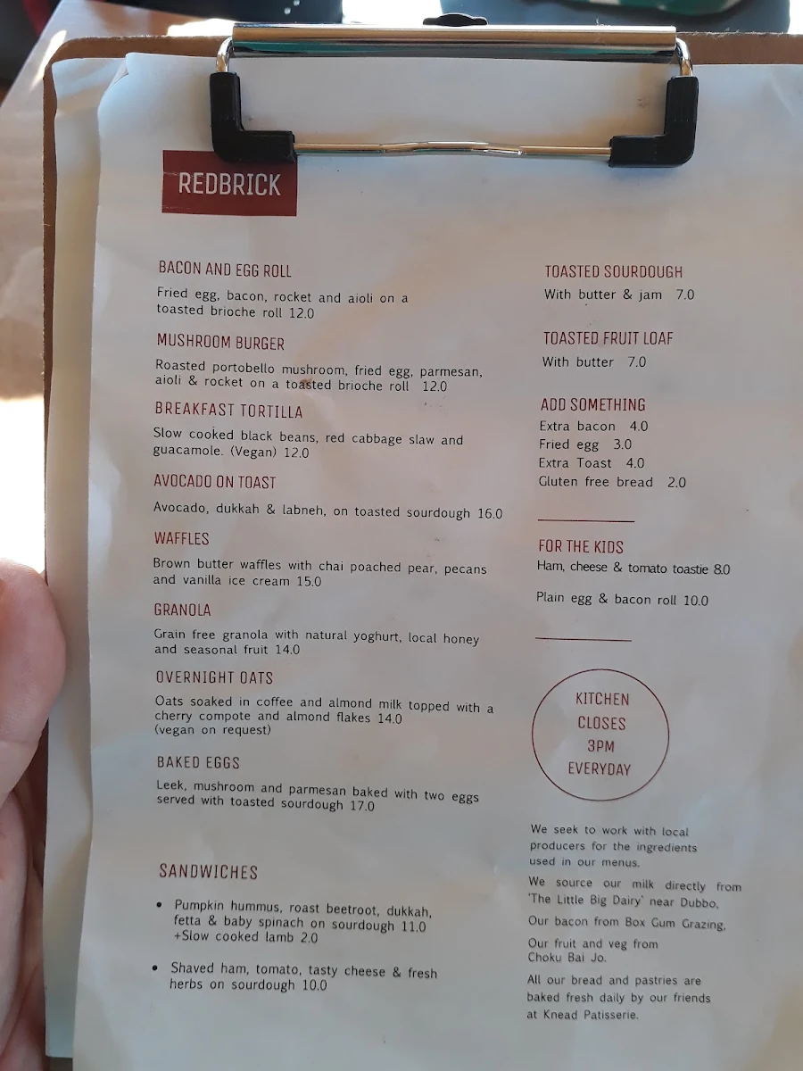 Menu, Redbrick Coffee Curtin