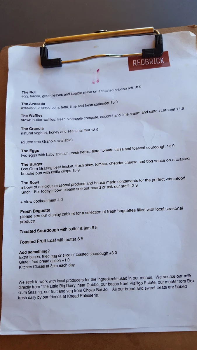 Menu, Redbrick Coffee Curtin