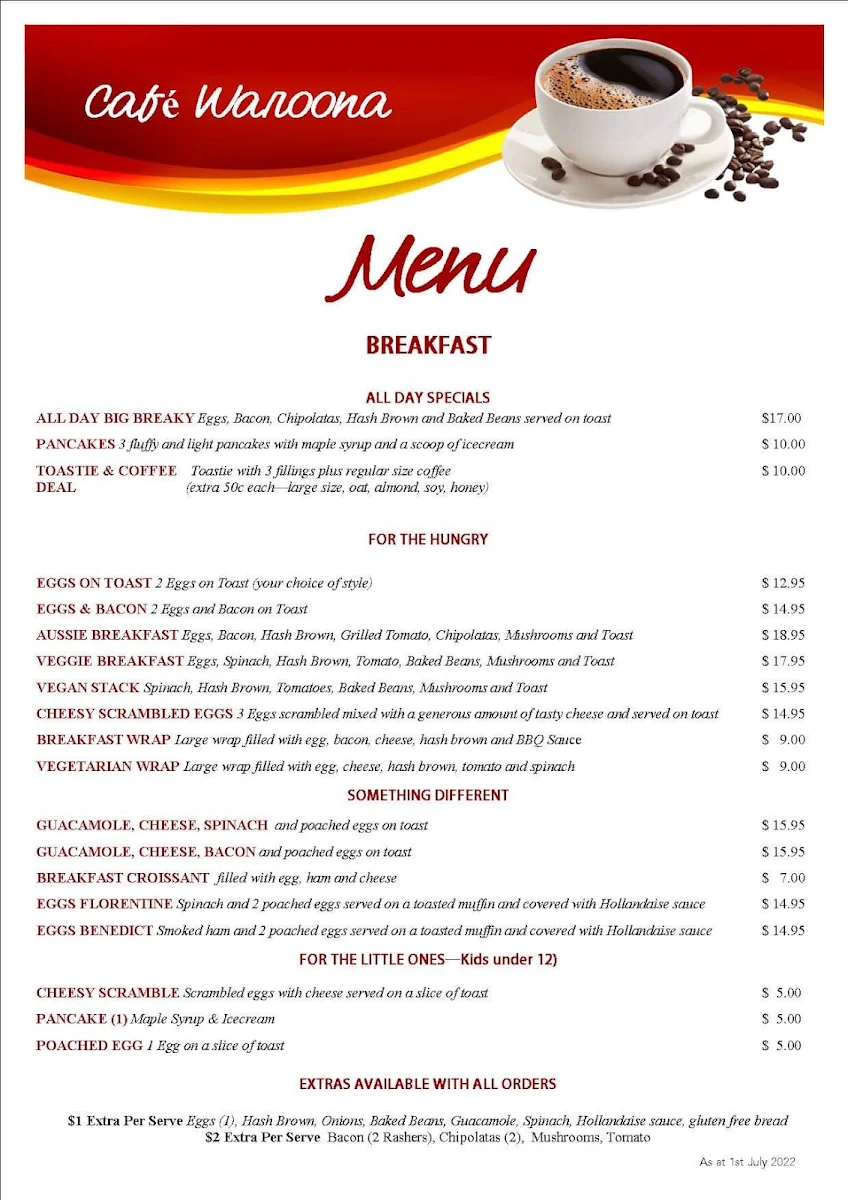 Menu, Cafe Waroona