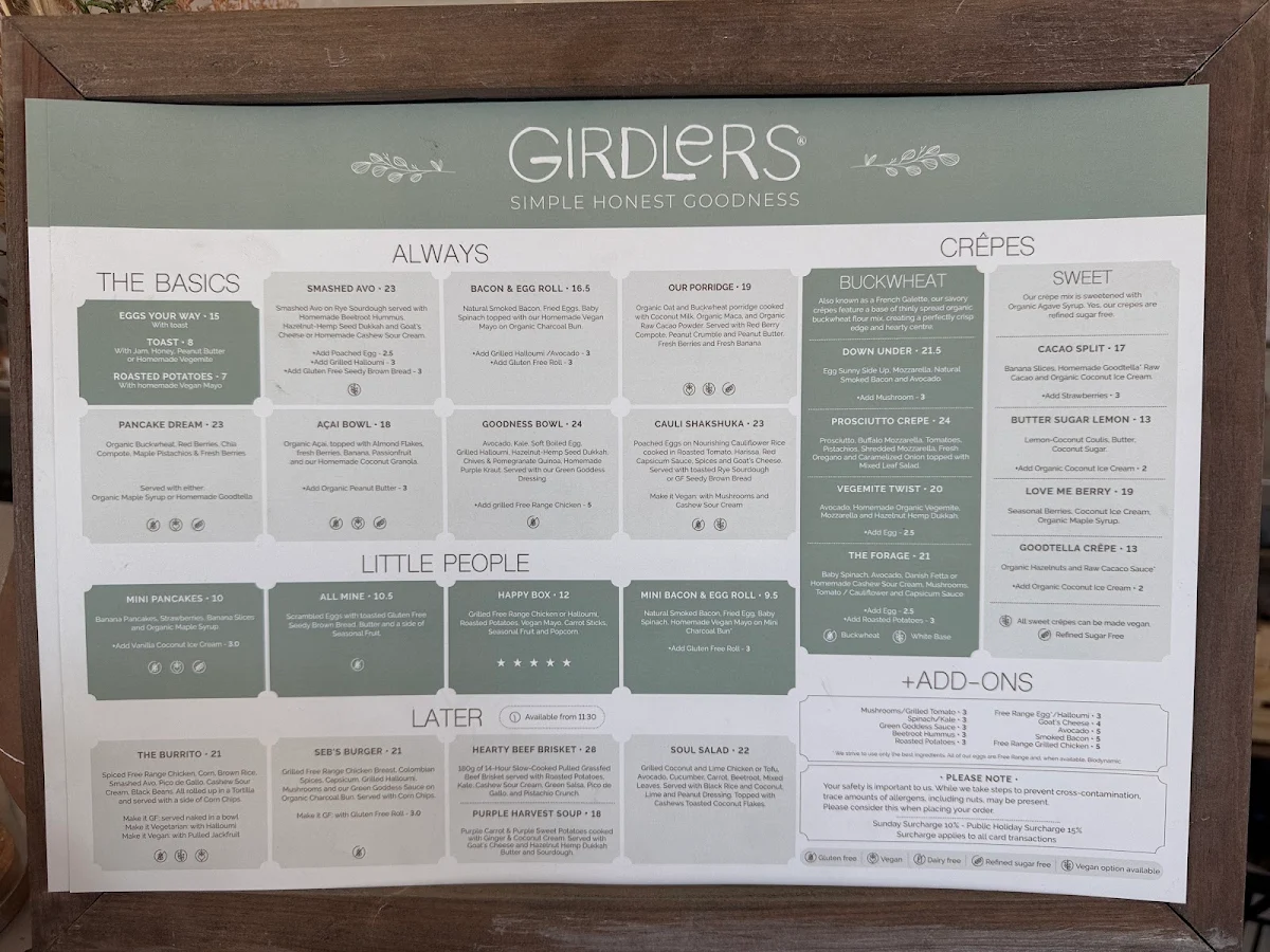 Menu, Girdlers Café - Narrabeen
