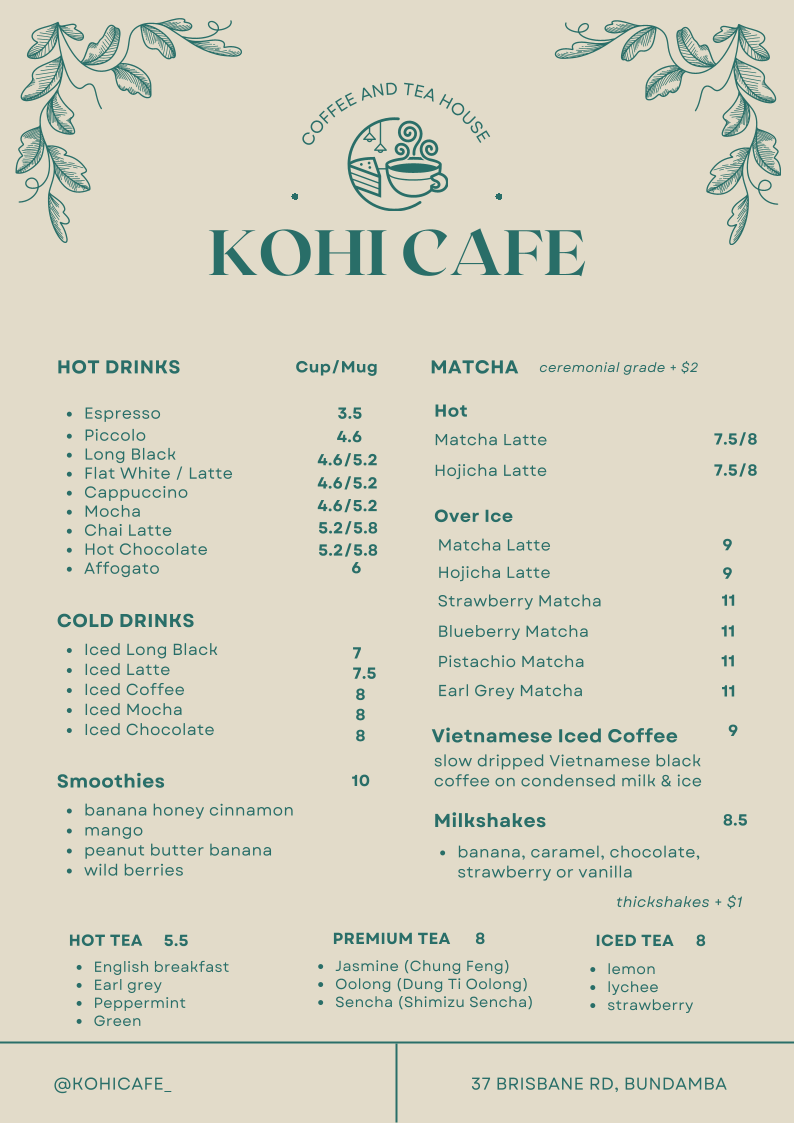 Menu, Kohi Cafe