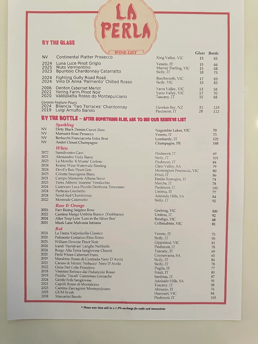 Menu, La Perla Bar and Restaurant