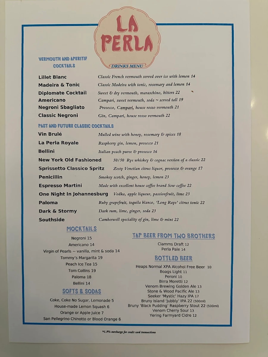Menu, La Perla Bar and Restaurant