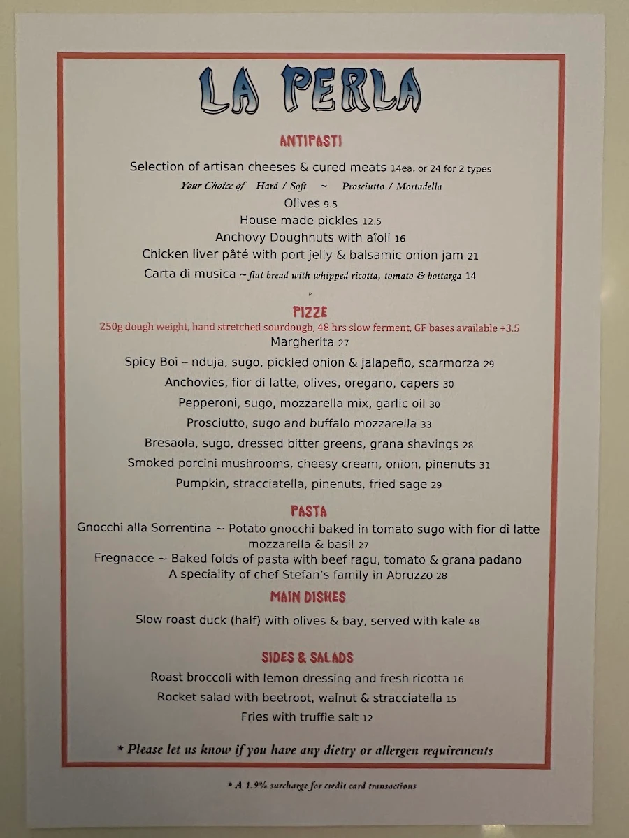 Menu, La Perla Bar and Restaurant