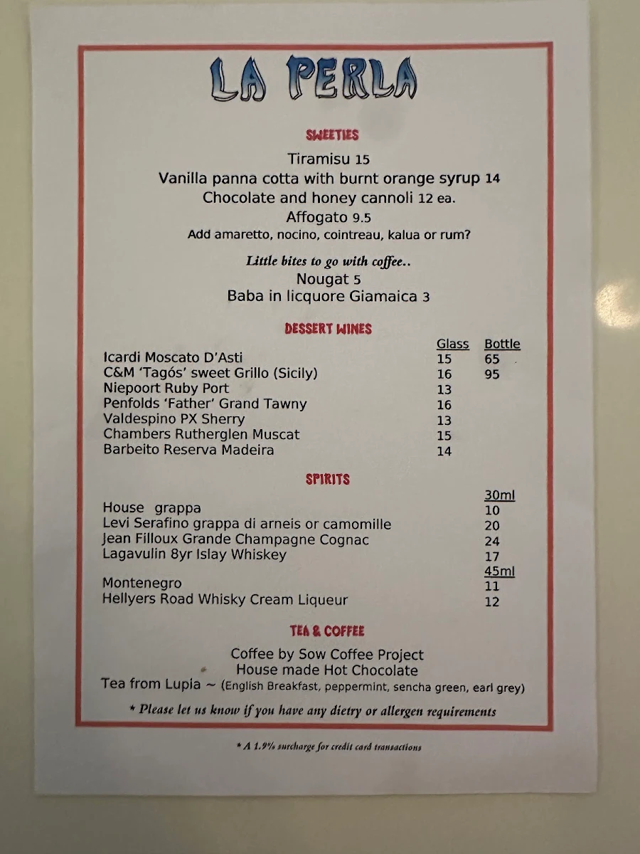 Menu, La Perla Bar and Restaurant