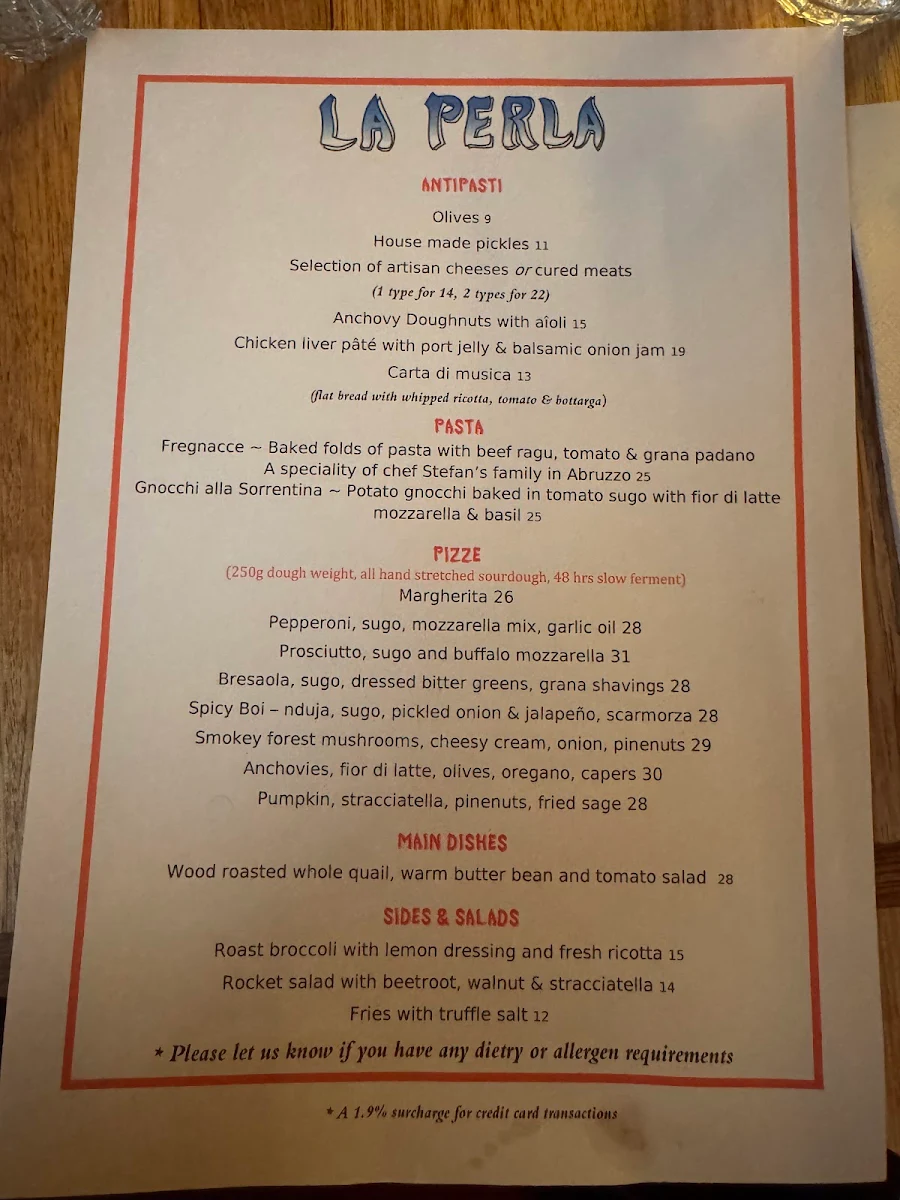 Menu, La Perla Bar and Restaurant