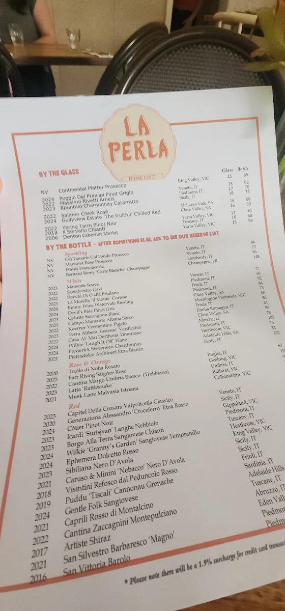 Menu, La Perla Bar and Restaurant