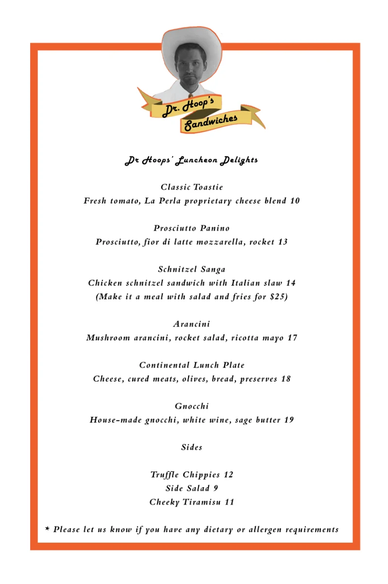 Menu, La Perla Bar and Restaurant