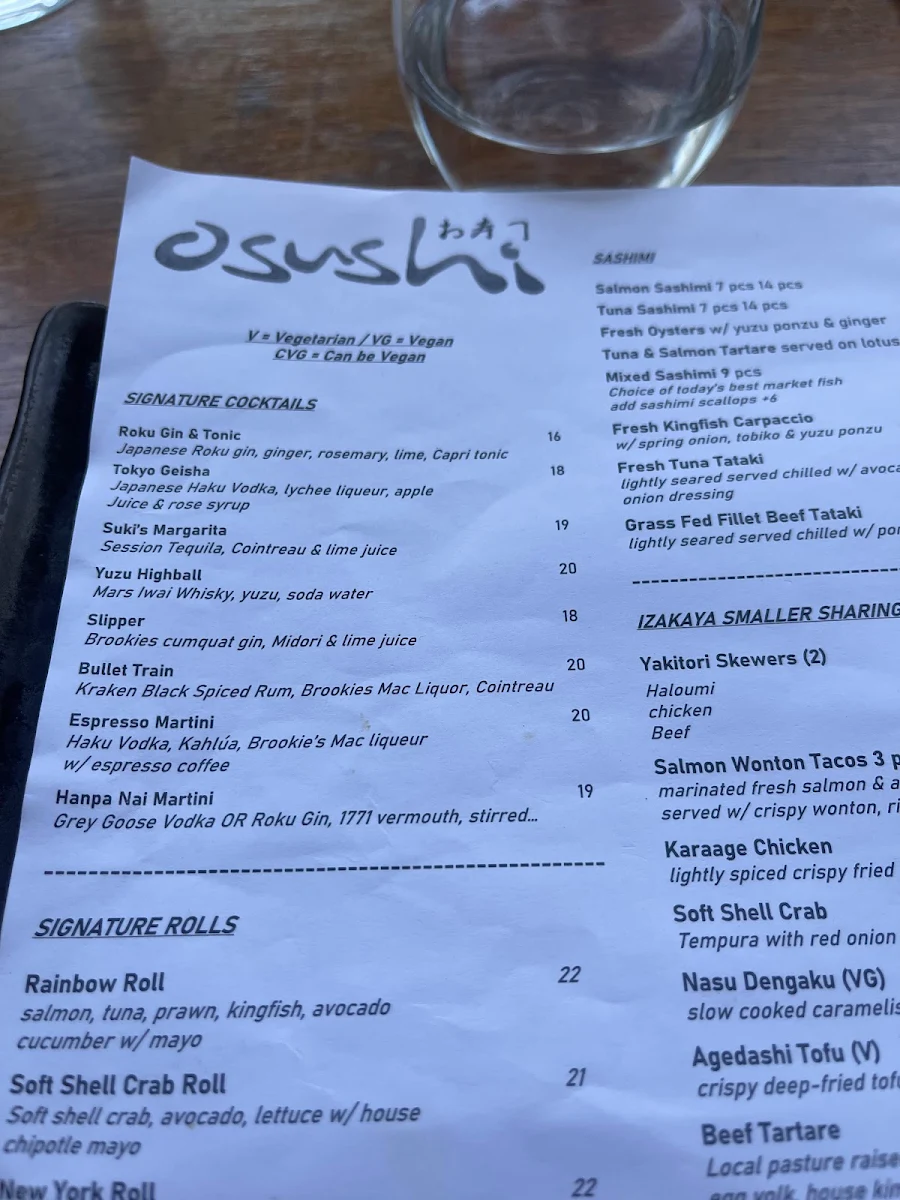 Menu, OSushi Coolangatta