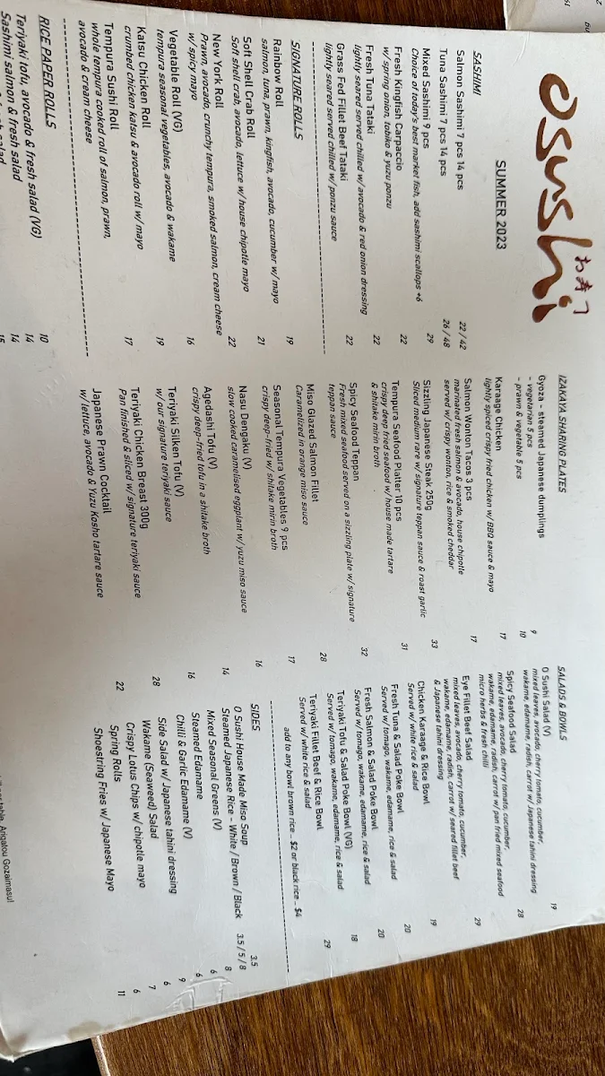 Menu, OSushi Coolangatta