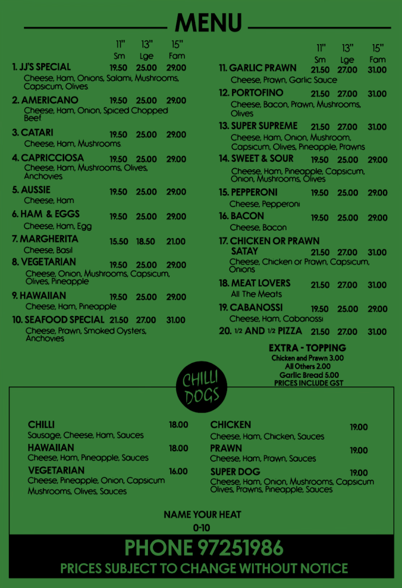 Menu, JJs Pizza