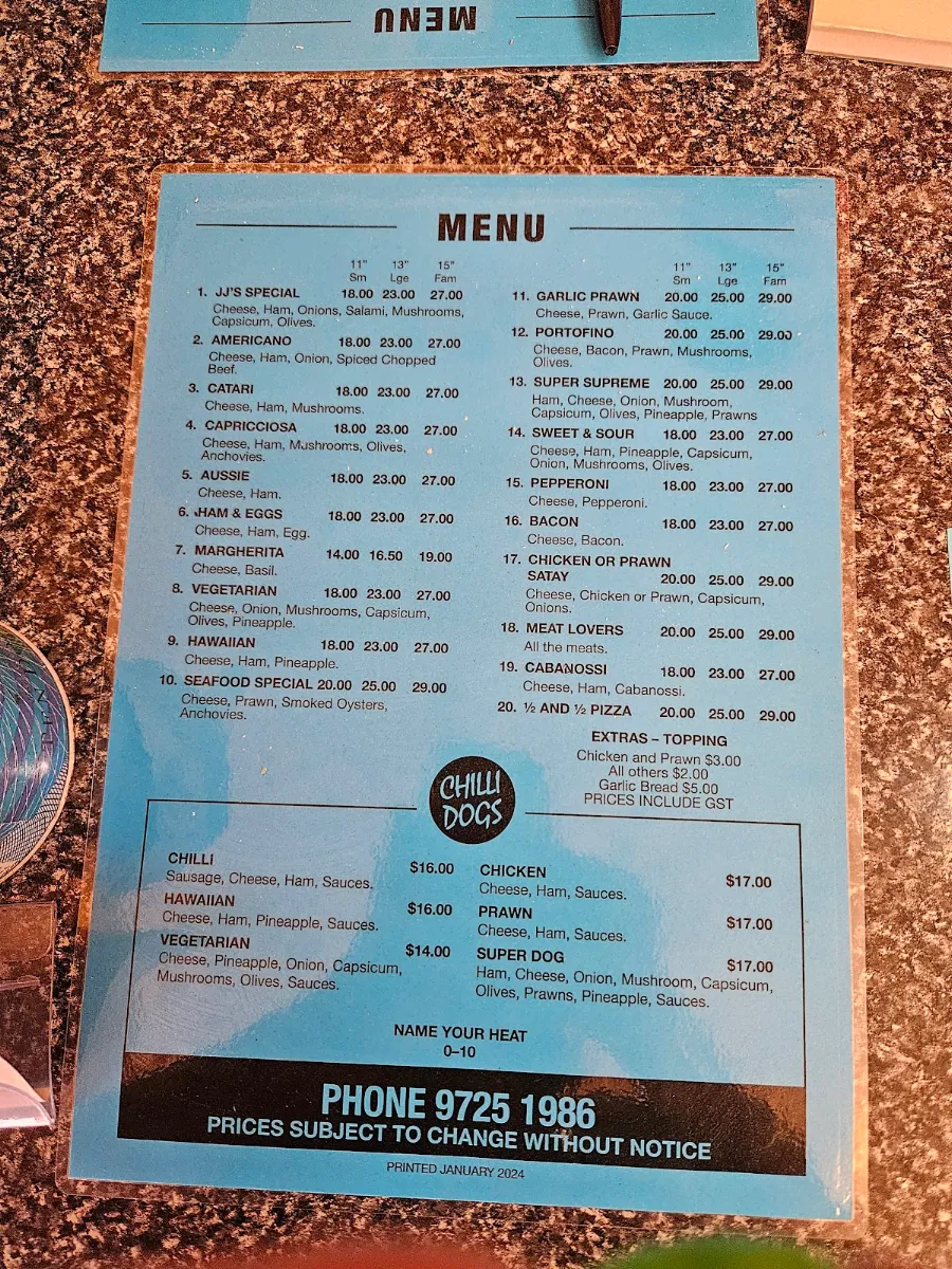 Menu, JJs Pizza