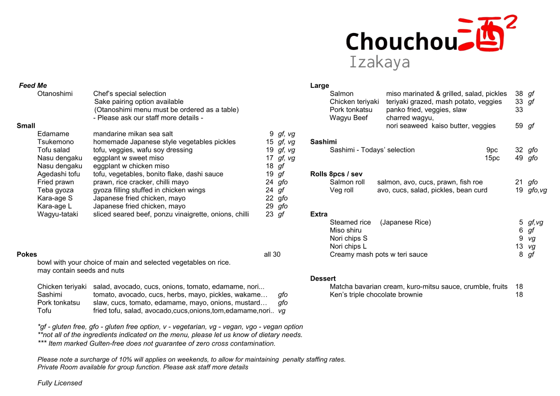 Menu, Izakaya Chouchou 酒²