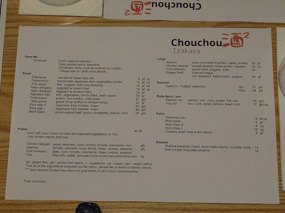 Menu, Izakaya Chouchou 酒²