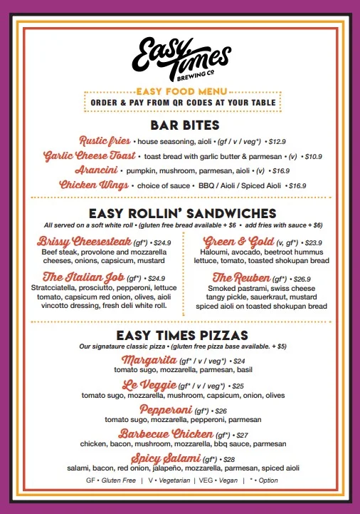 Menu, Easy Times Brewing Company