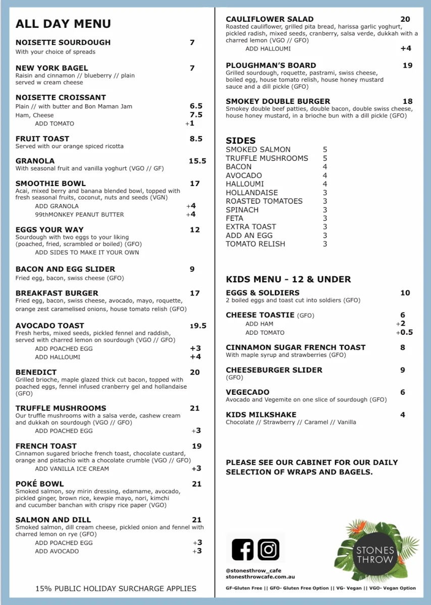 Menu, Stones Throw Cafe