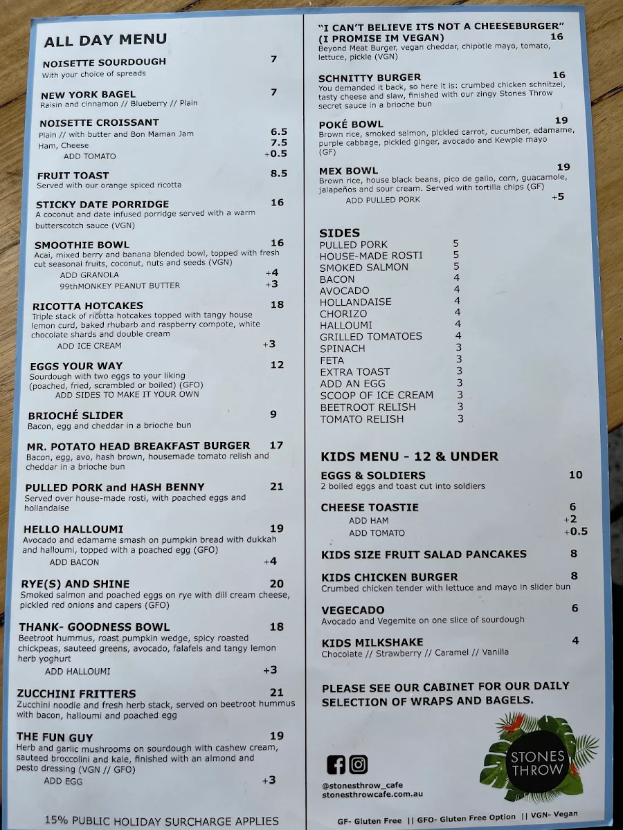 Menu, Stones Throw Cafe