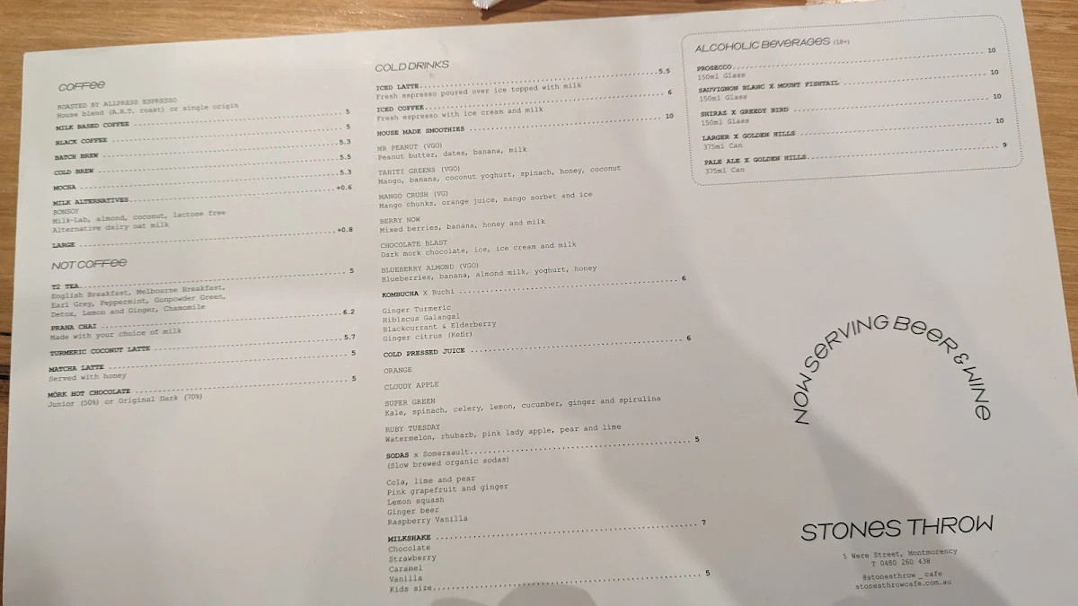 Menu, Stones Throw Cafe