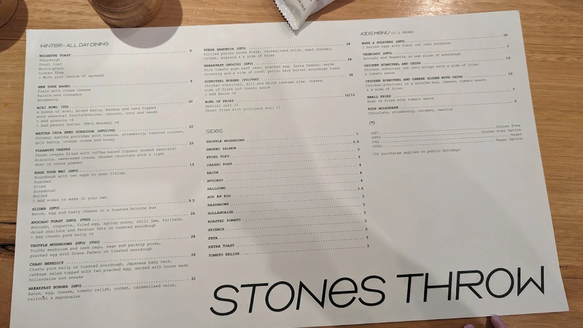 Menu, Stones Throw Cafe