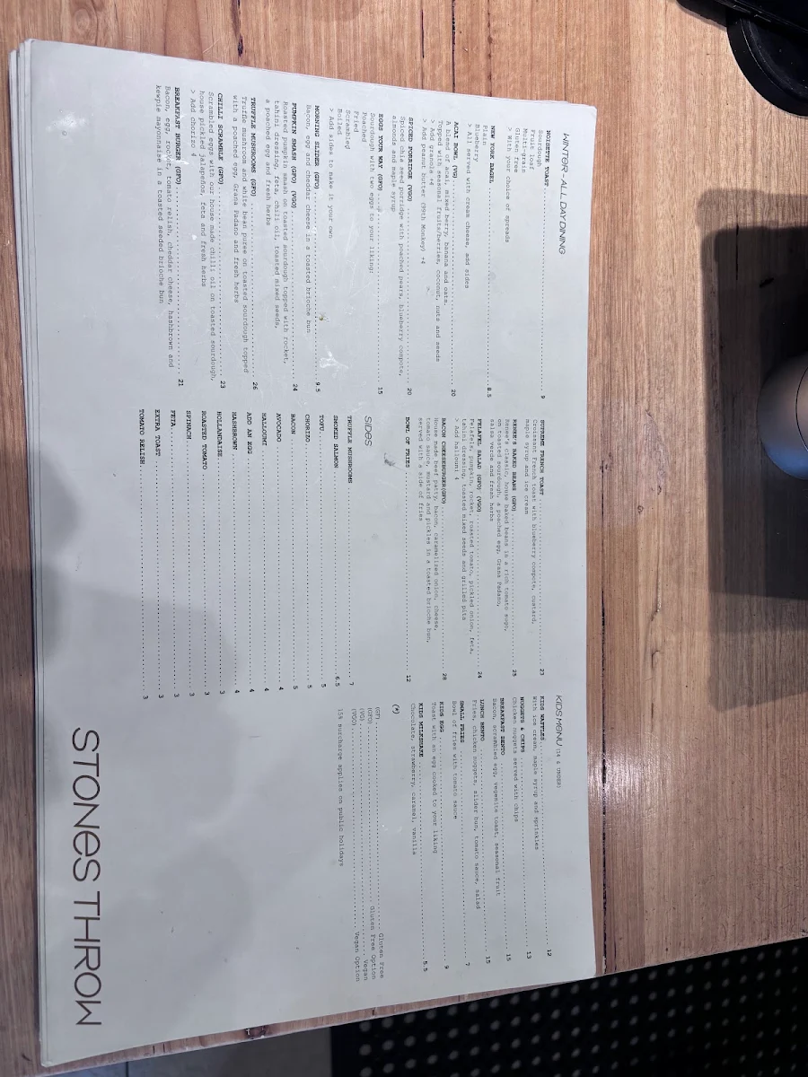 Menu, Stones Throw Cafe