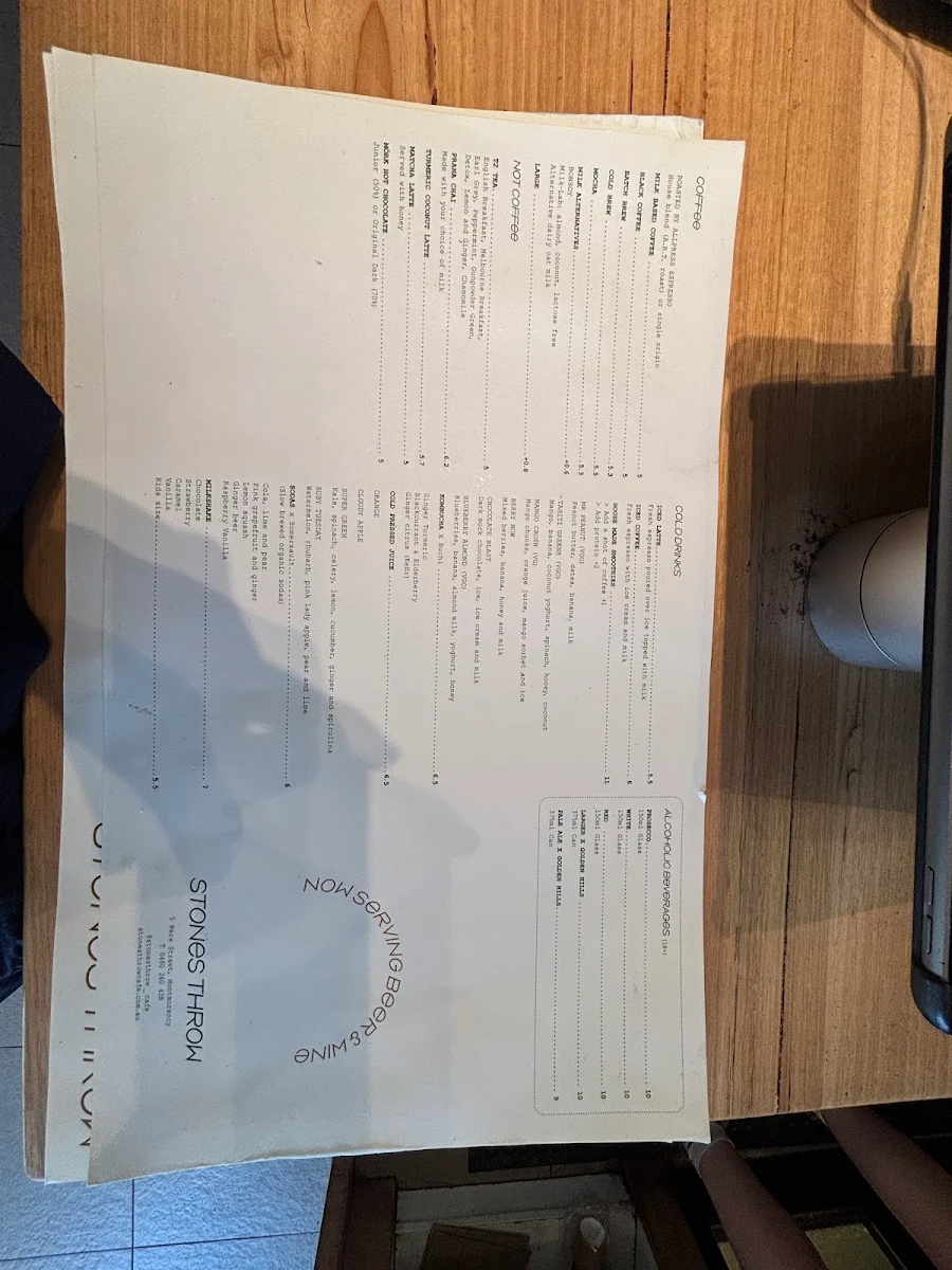 Menu, Stones Throw Cafe