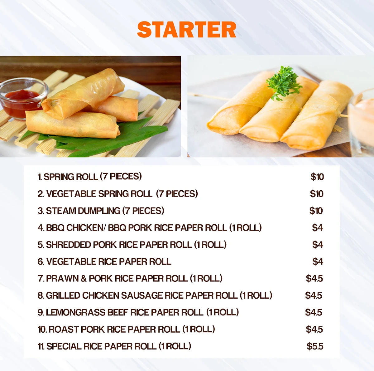 Menu, Pho n Rolls