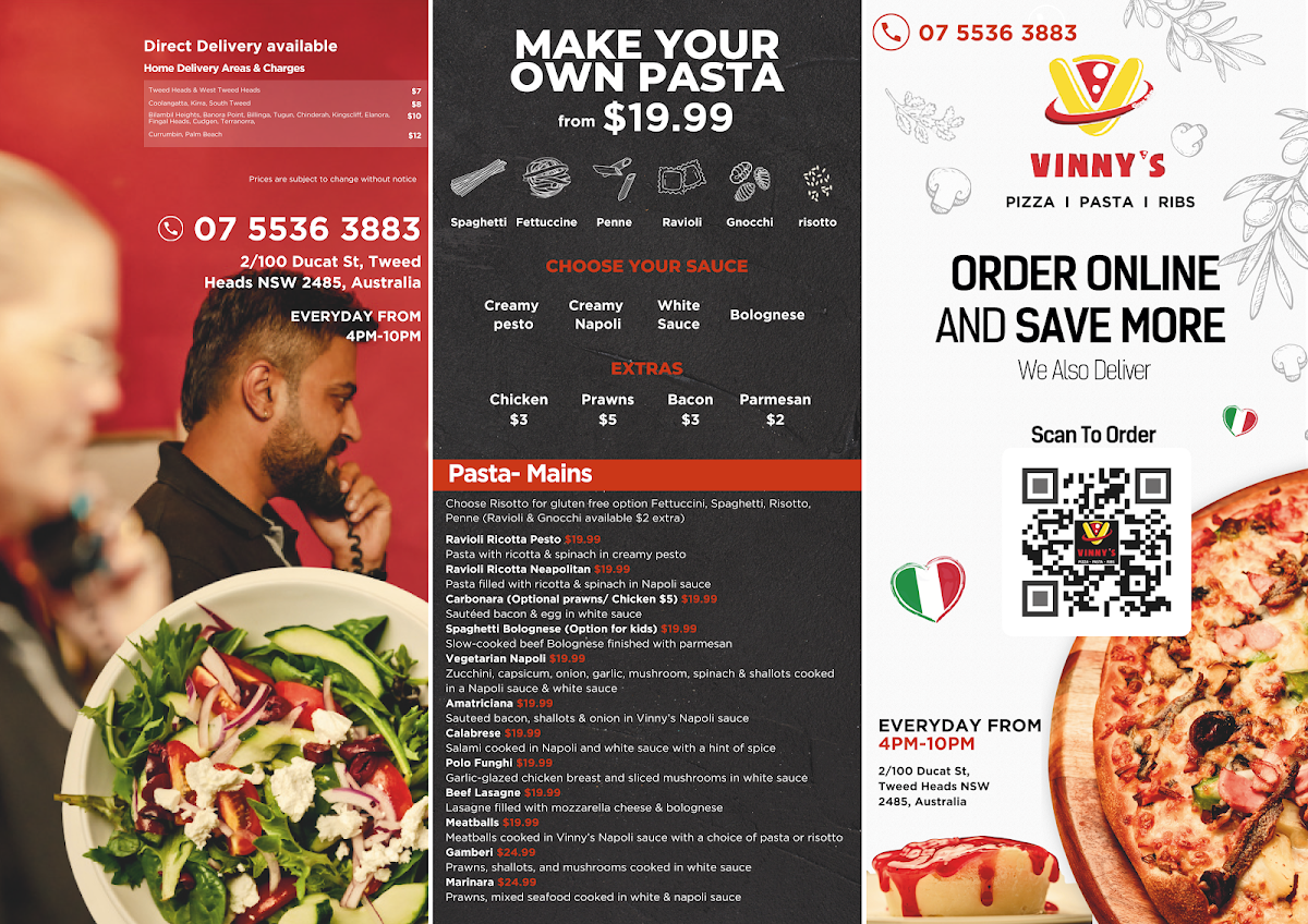 Menu, Vinny's Pizza Pasta Ribs Tweed Heads