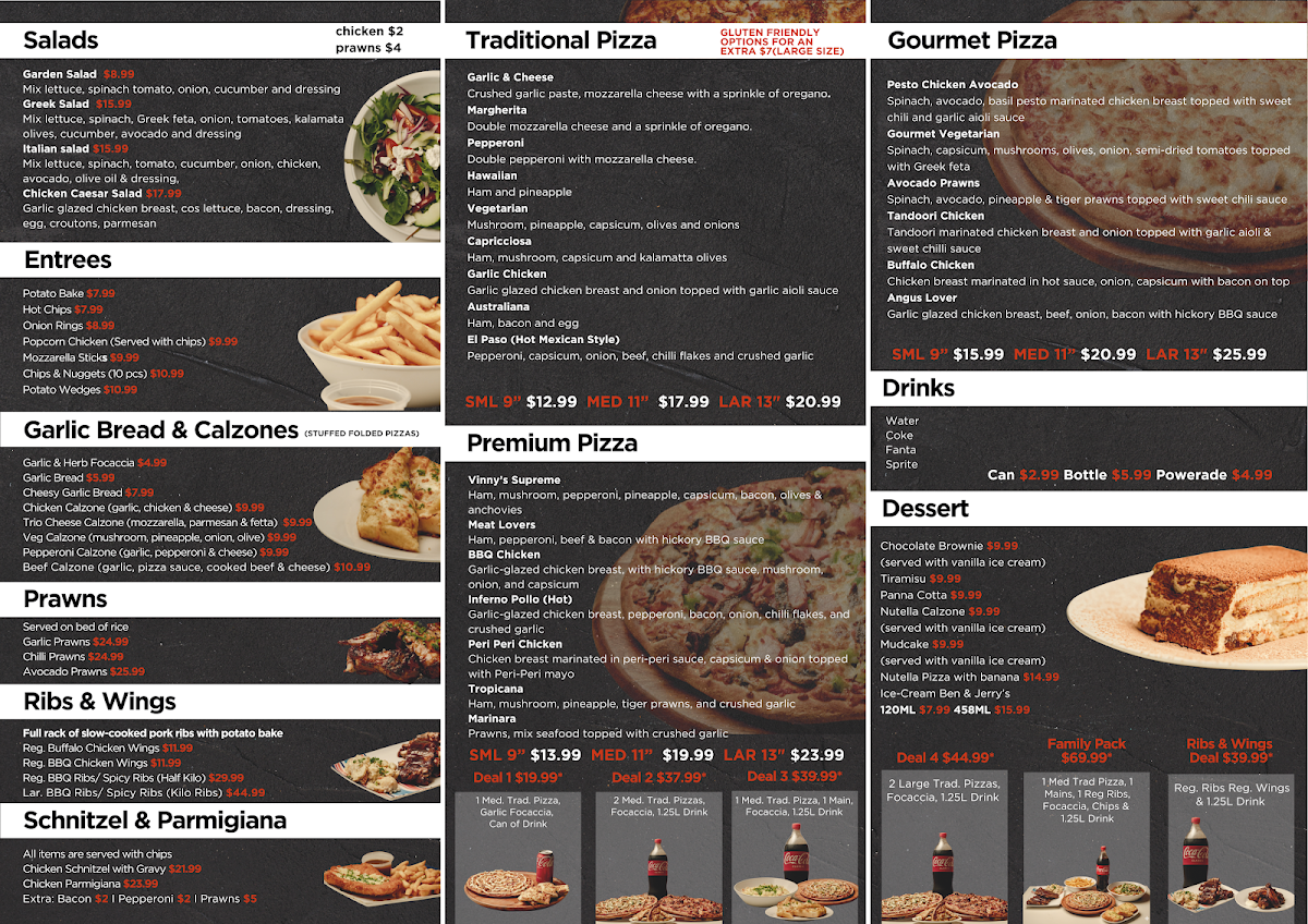 Menu, Vinny's Pizza Pasta Ribs Tweed Heads