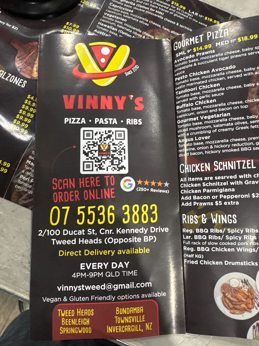 Menu, Vinny's Pizza Pasta Ribs Tweed Heads