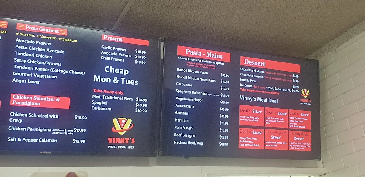 Menu, Vinny's Pizza Pasta Ribs Tweed Heads