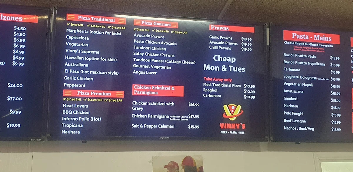 Menu, Vinny's Pizza Pasta Ribs Tweed Heads