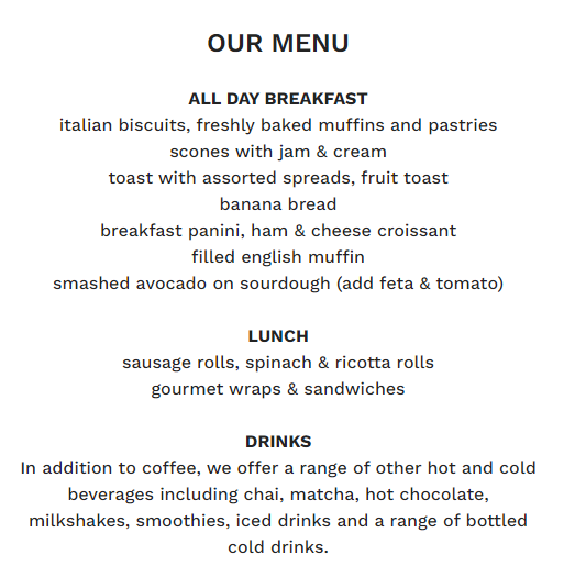 Menu, Merlo Coffee Cafe | Fortitude Valley, James St