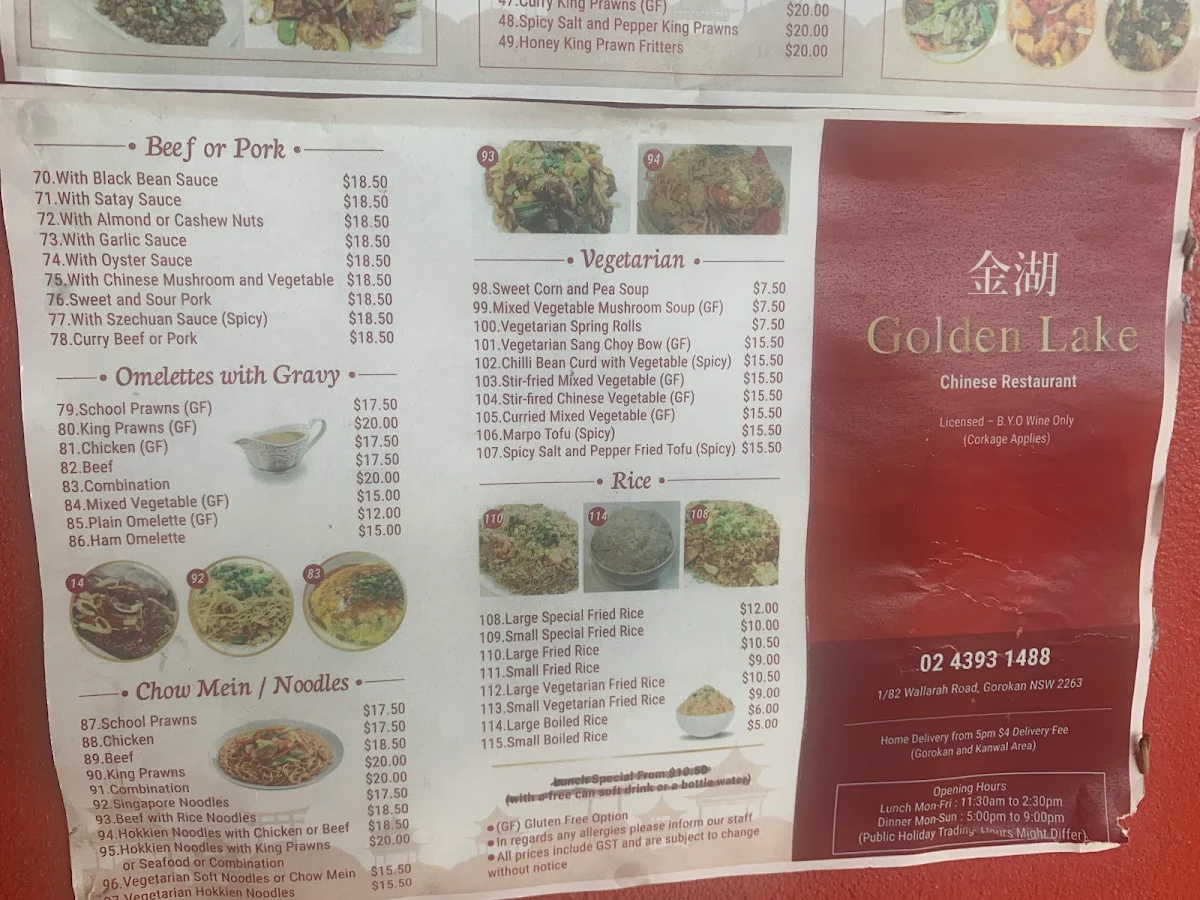 Menu, Golden Lake Chinese Restaurant