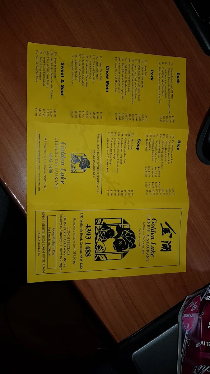 Menu, Golden Lake Chinese Restaurant