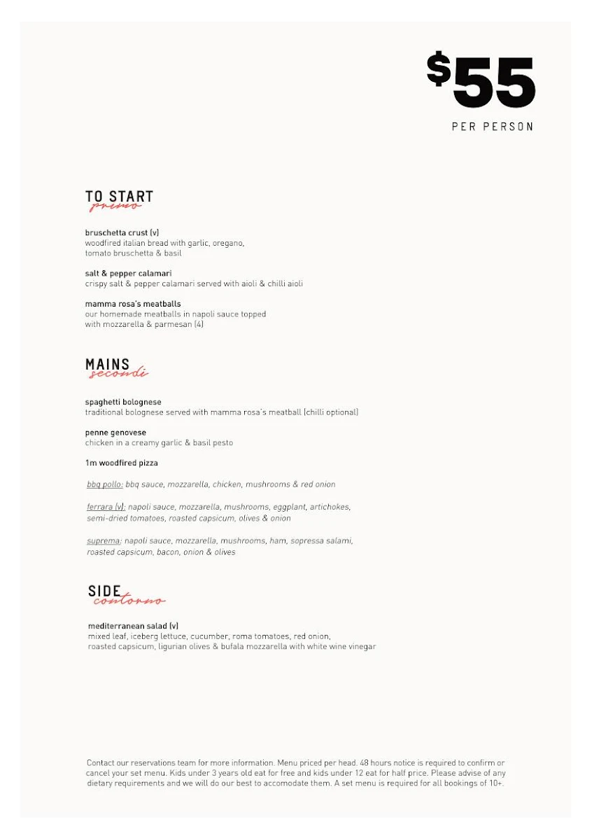 Menu, Criniti's Castle Hill