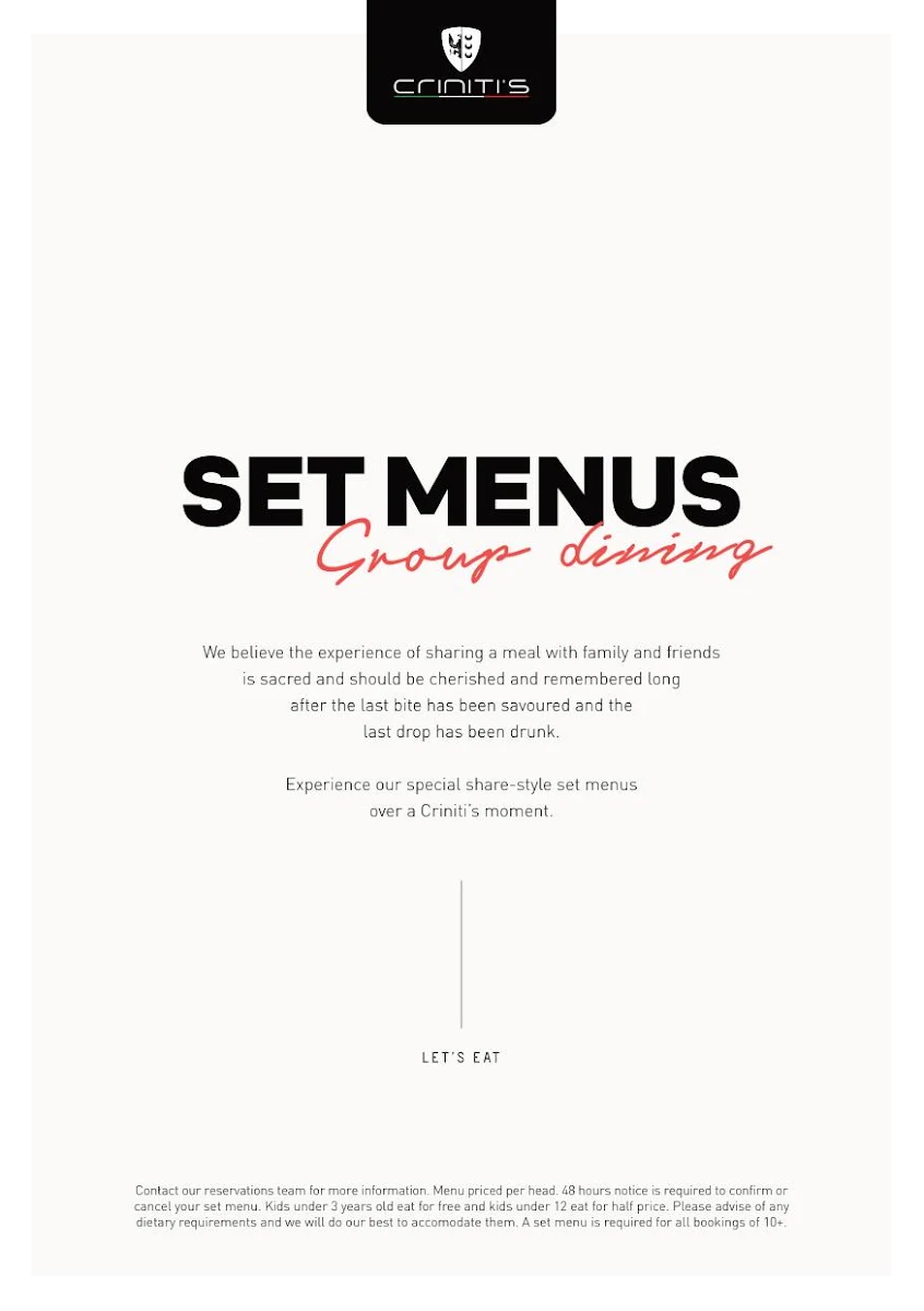 Menu, Criniti's Castle Hill
